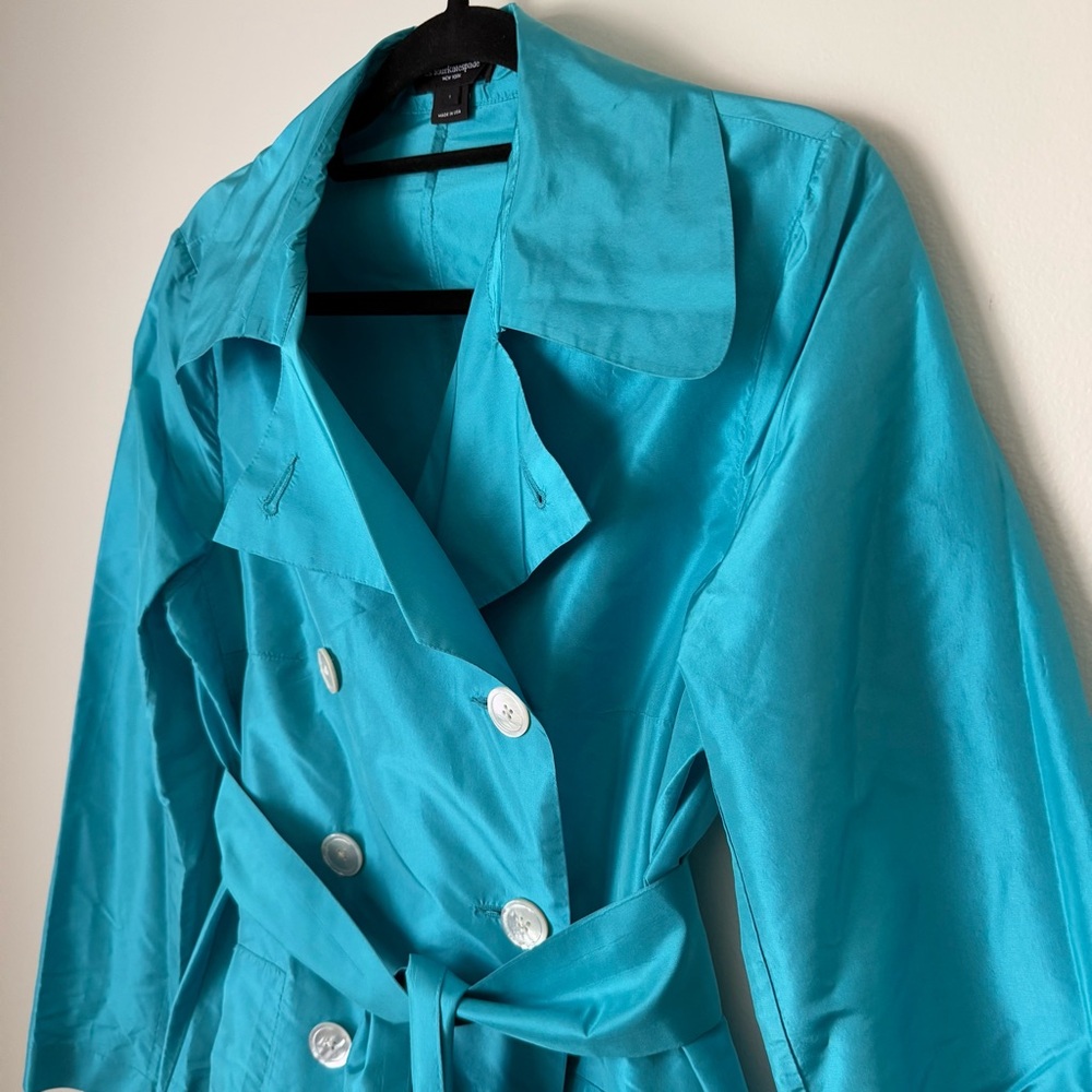 As Four Kate Spade 2005 Collab 100% Silk Teal Short Double-Breasted Trench Coat - Picture 6 of 14